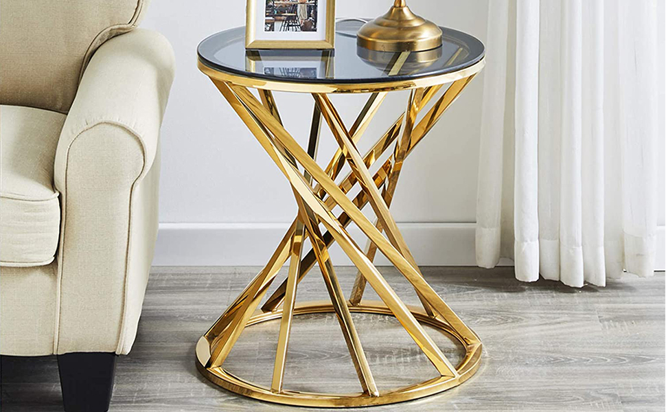 ZOONFA Set of 1 Gold Glass Top Side Table for Living Room Round Black