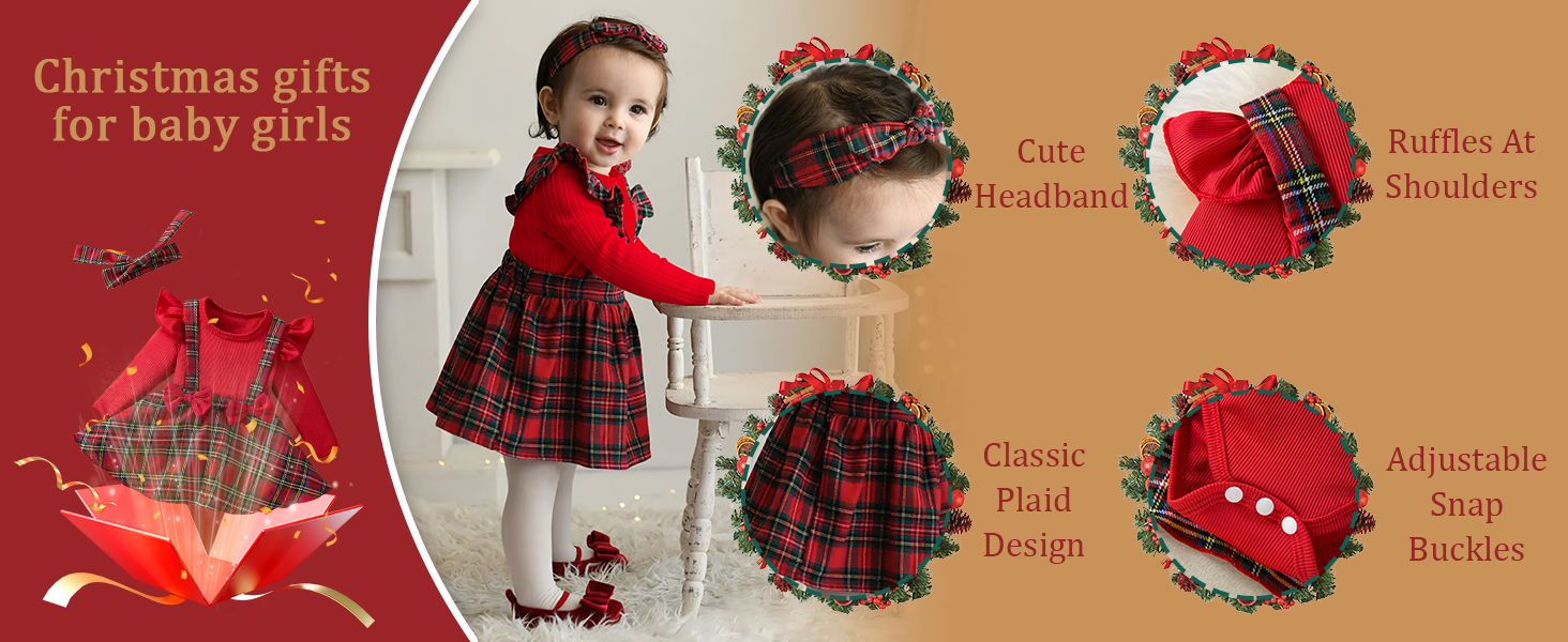 Baby Christmas Outfit, Baby Girl Christmas Dress Long Sleeve, Newborn Christmas Outfit Red Plaid Skirt, Baby Girl Christmas Outfit Bodysuit, Baby Christmas Dress + Xmas Headbands (3-18 Months) 12 newborn baby clothes baby first christmas gifts xmas headbands baby's first christmas gifts