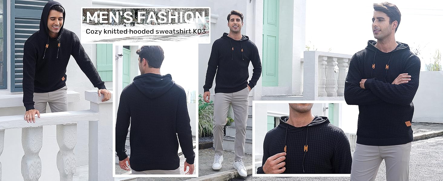 Mens Hooded Sweatshirt Casual Long Sleeve Drawstring Solid Knitted Hoodie Pullover Sweater