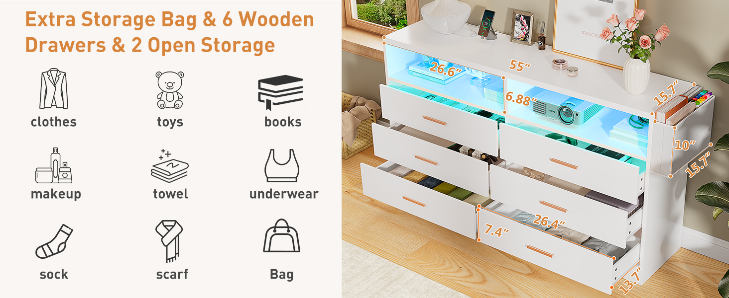 Whalefall Bedroom Dresser with LED Lights,White 6 Drawers