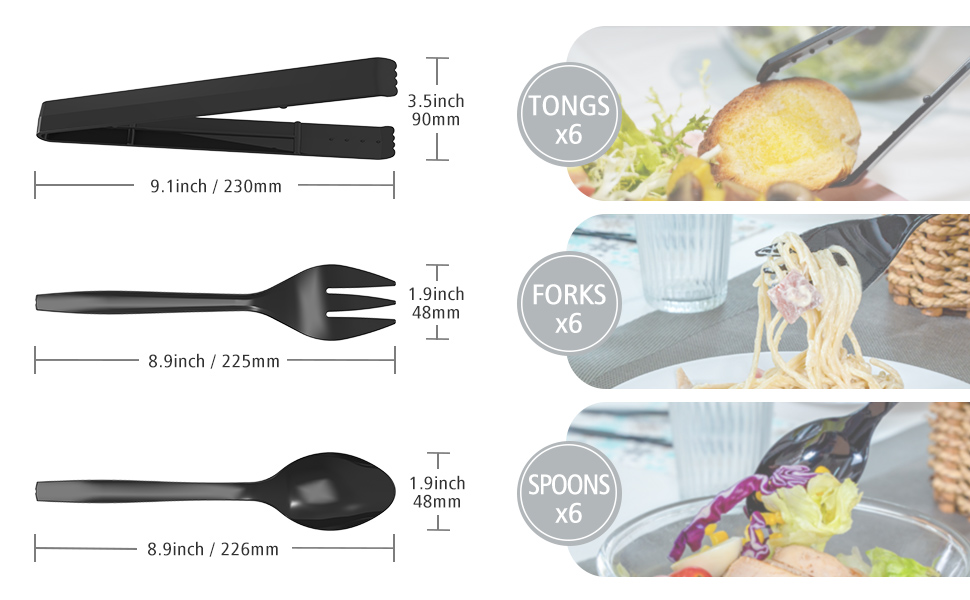 Plastic Serving Utensils Set, 18 Piece, 9" Black