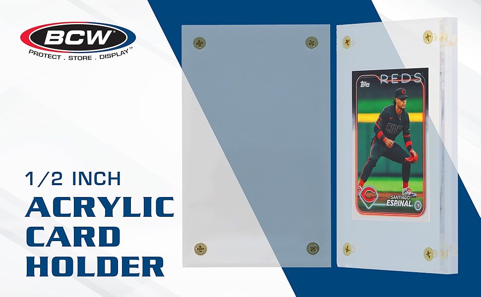 BCW 1/2-inch acrylic card holder with a sleek, protective design for display.