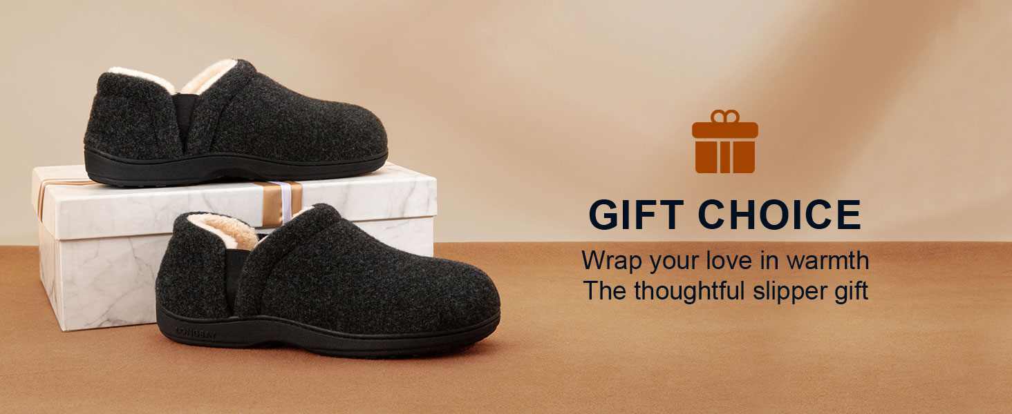 Text reads 'GIFT CHOICE' and 'Wrap your love in warmth. The thoughtful slipper gift.' Dark slippers displayed against warm beige background.