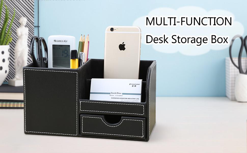 KINGFOM Wooden Struction Leather Multifunction Desk Stationery