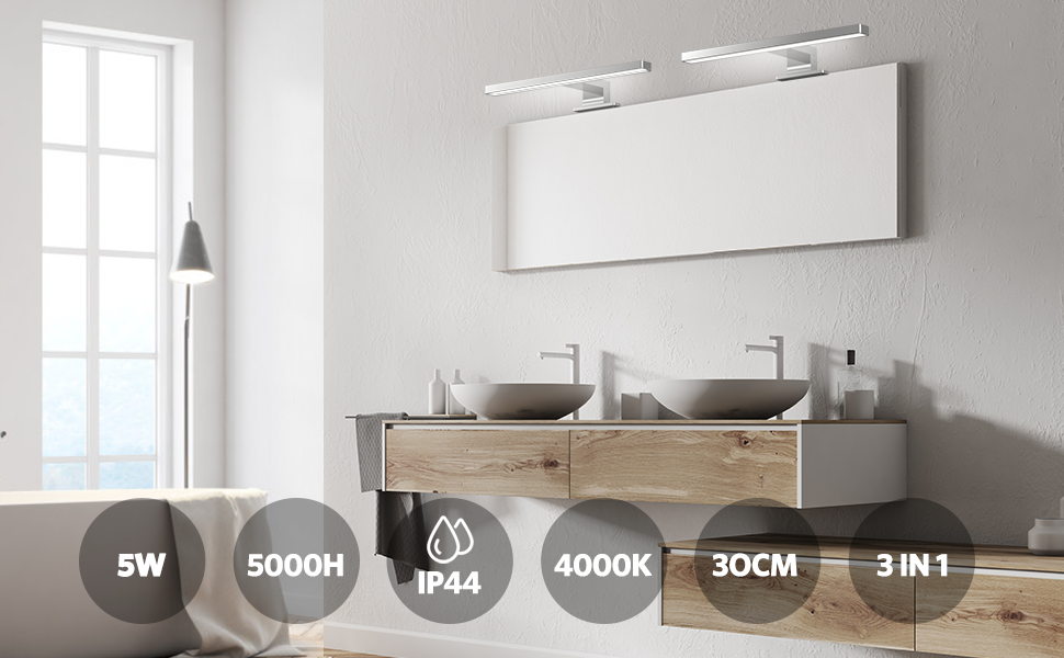 Apliques Espejo Baño LED Impermeable IP44, Hommie 30cm con ...