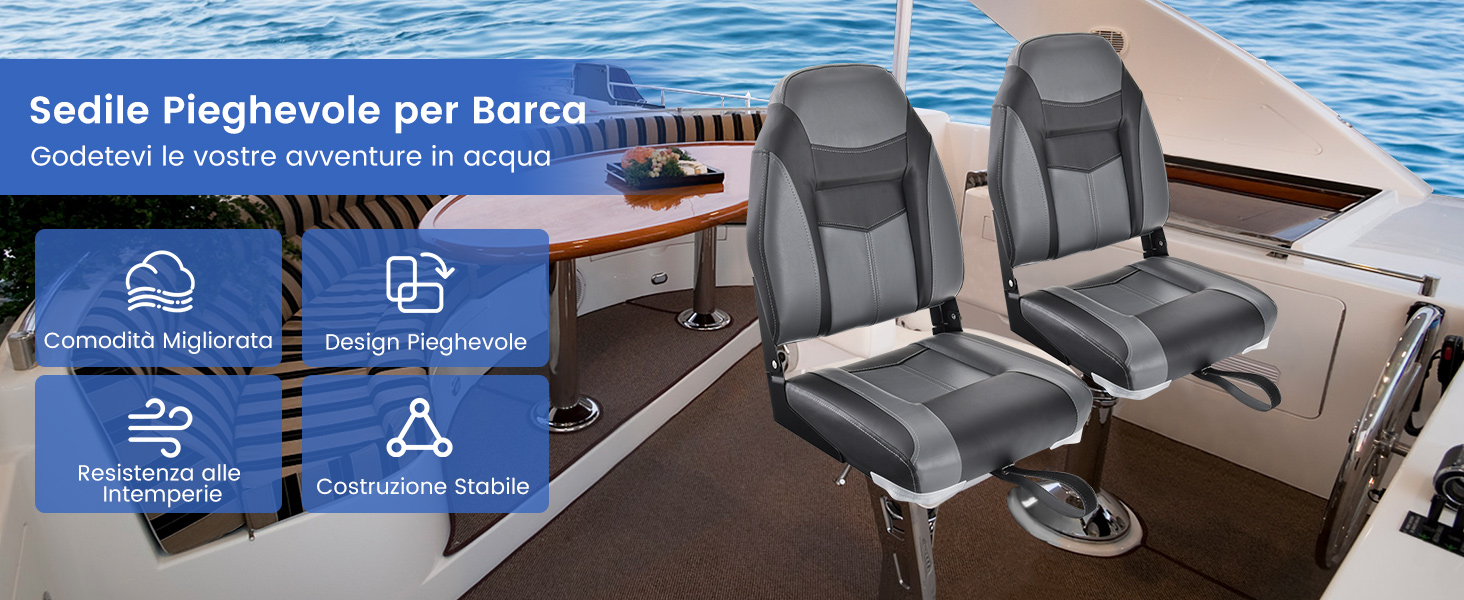 Due sedili da barca imbottiti grigi con schienale alto montati su piedistalli, caratterizzati da posizioni regolabili e design stabilizzante
