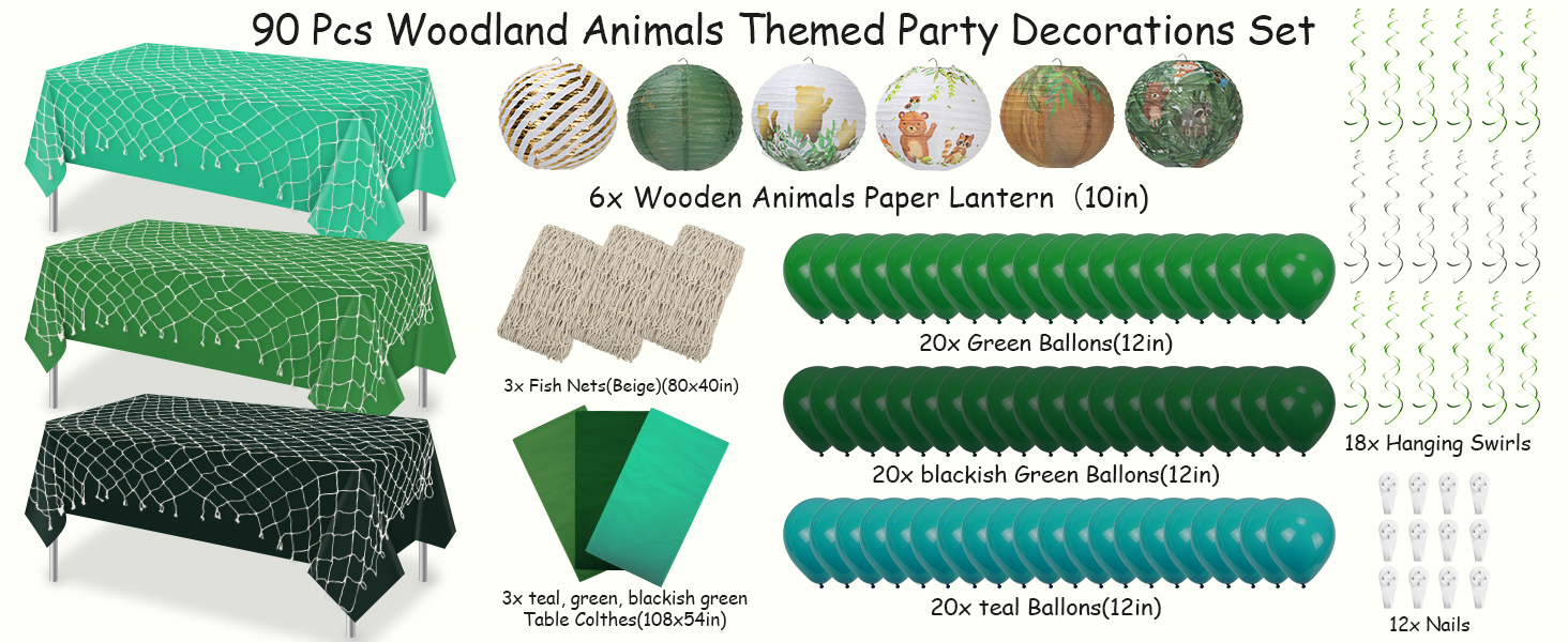 90 Pcs Woodland Party Decorations Set, Green Themes Plastic