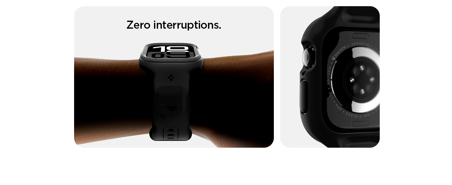 Schwarze Smartwatch mit quadratischem Gesicht am Handgelenk. Nahaufnahme der Seitentaste. Der Text lautet „Keine Unterbrechungen“. Der Schwerpunkt liegt auf unterbrechungsfreier Funktionalität