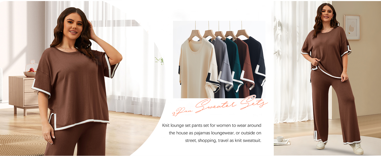Womens Plus Size Lounge Sets 2 Piece Outfits Short Sleeve Pullover Tops Wide Leg Pants Outfits