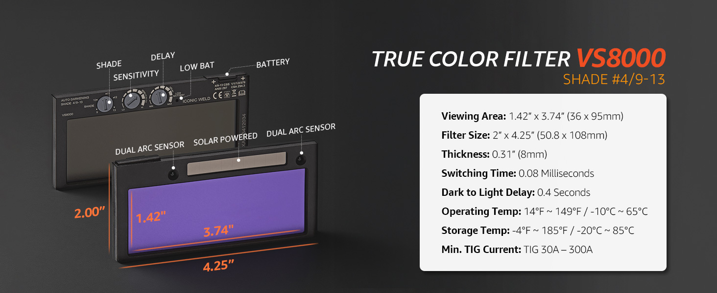 Iconic Weld VS8000 auto-darkening filter with shade 4/9–13 and advanced features.