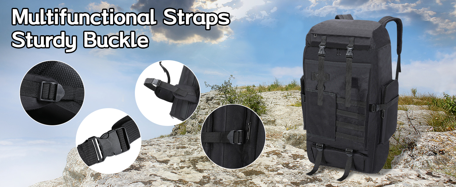 avec système MOLLE, doté de boucles robustes et de bretelles multifonctions. Les images en gros plan mettent en valeur les boucles réglables et l'interaction de la main gantée