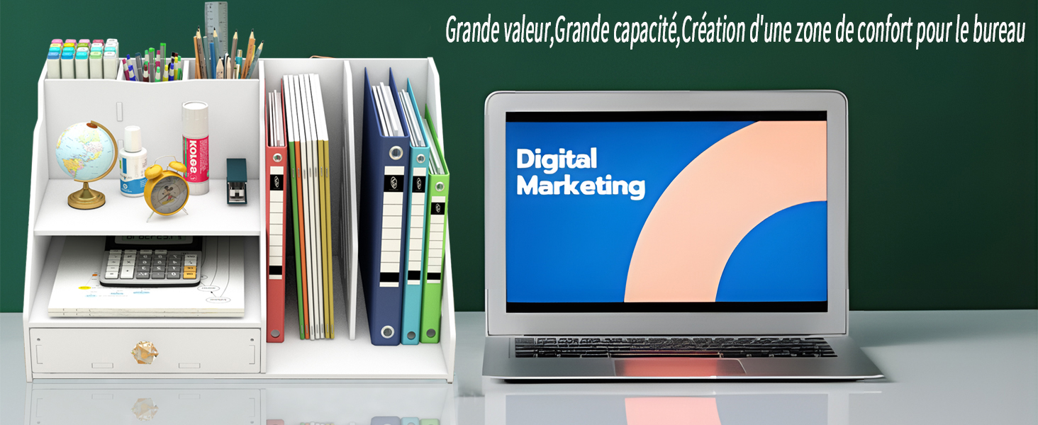 avec un organiseur blanc contenant des livres et des fournitures, un ordinateur portable affichant un écran « Marketing numérique » et un fond de tableau vert. Le texte en français traite de la valeur et de la capacité du confort au bureau.