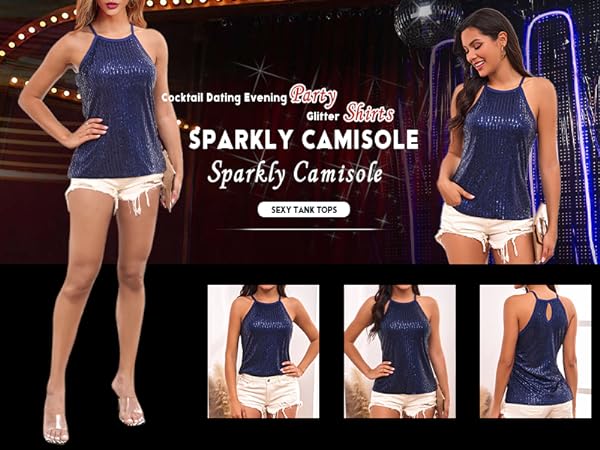 Traleubie Womens Sequin Tops Halter Sparkly Party Tank Tops
