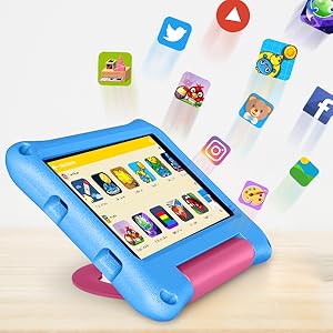 Blue and pink child-friendly tablet case. Screen displays colorful app icons. Various app icons floating around device.