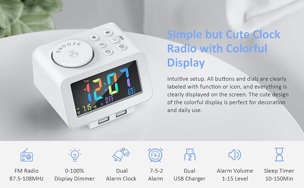 USCCE Digital Colorful Alarm Clock Radio 0100 Dimmer, Dual Alarm