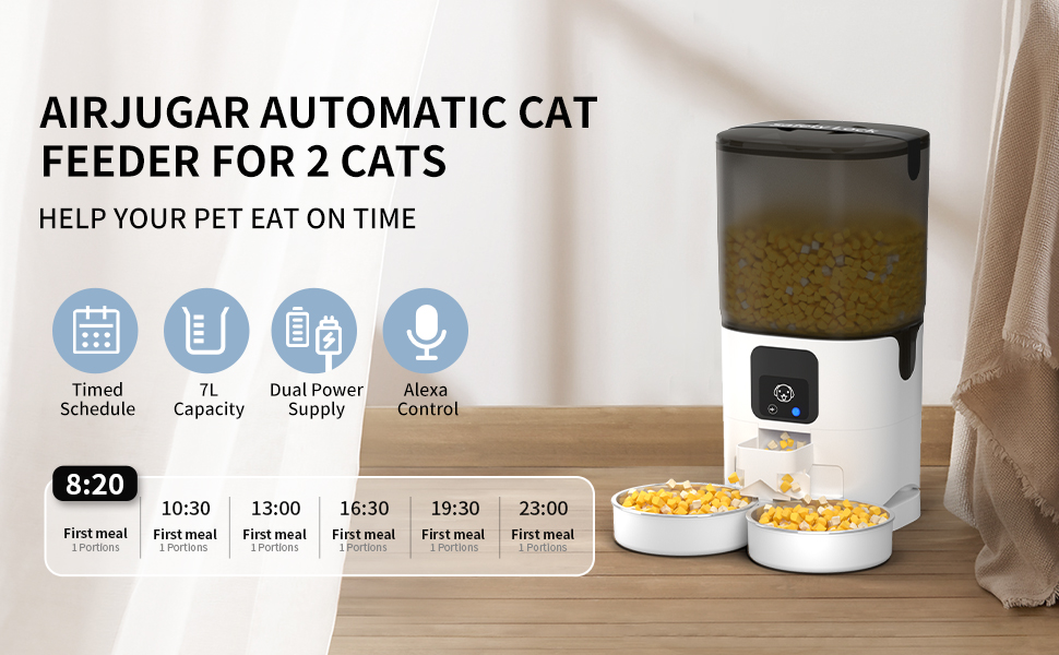 AIRJUGAR Automatic Cat Feeder for 2 Cats, 7L Dual Tray