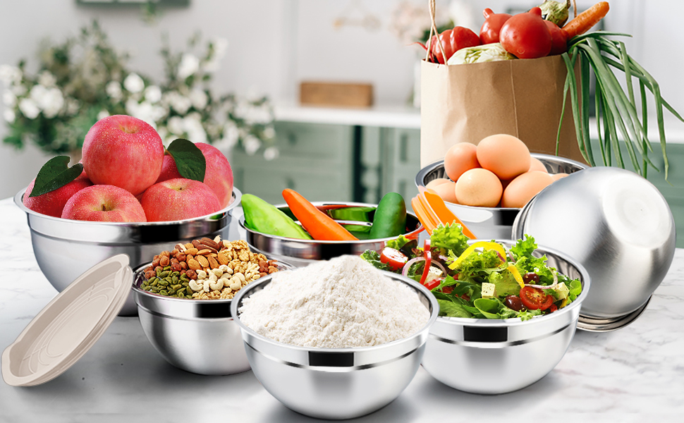 Set 5 Ciotole Acciaio Inox Con Coperchi - 4.5L/2.7L/1.6L/1.1L/0.7L, Lavastoviglie Safe