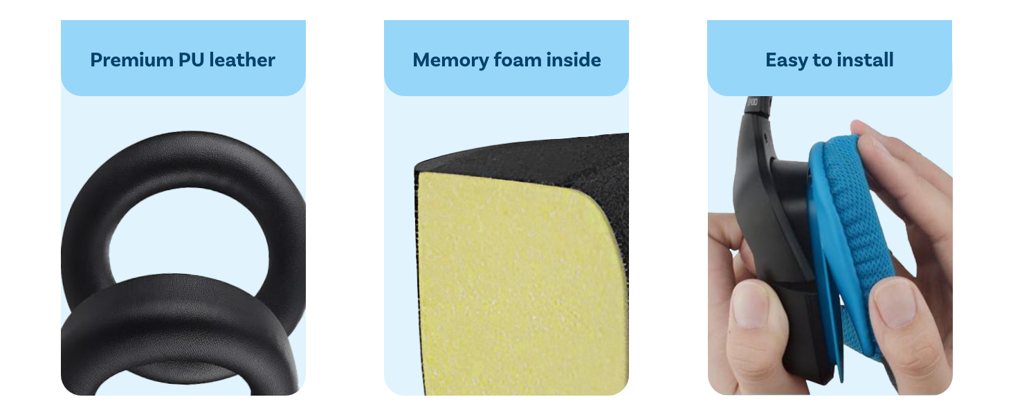 Image à trois panneaux des poignées de manette de jeu. Les caractéristiques comprennent un extérieur en cuir PU de qualité supérieure, un intérieur en mousse à mémoire de forme et un processus d'installation facile.