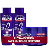 Collection of L'Oreal Elvive purple hair care product bottles and packaging with text 'RUTINA EXPERTA PARA UN COLOR PERFECTO'.