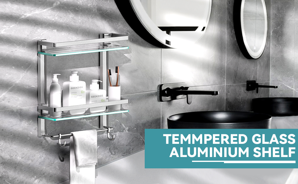 GeekDigg bathroom glass shelf with towel bar, 2 tier wall mounted