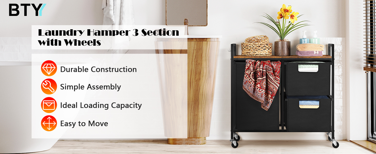 Laundry Hamper 3 Section, Laundry Basket with Shelf, Laundry Sorter