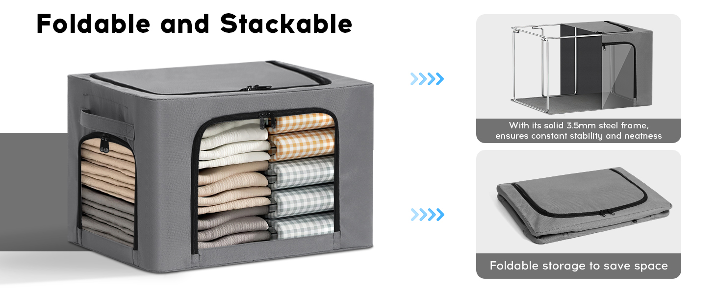3Pack Clothes Storage Bins with Metal Frame, Foldable 40L