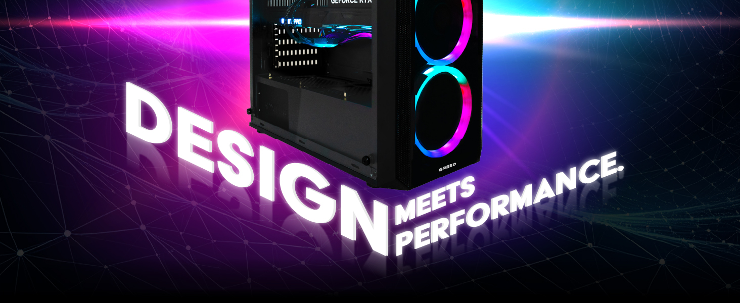 Der Text lautet „DESIGN PERFORMANCE“. Werbebild zum Thema Gaming mit neonblauen und rosafarbenen Lichteffekten vor dunklem Hintergrund.