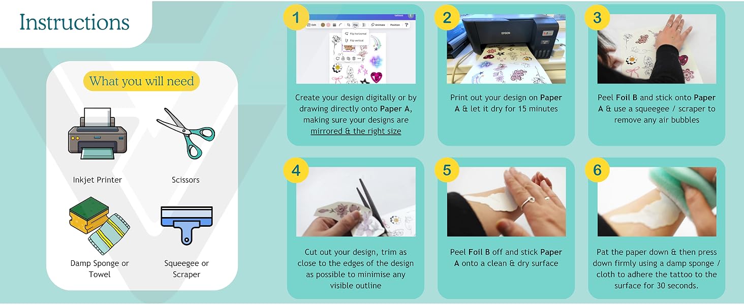 Evergreen Goods 10 Sets A4 Temporary Tattoo Paper, Inkjet Printable Waterproof, 210 x 297mm, Transfer Sheets, Skin-Safe, High Resolution, Easy to Use 15 Tattoo 4 Inkjet