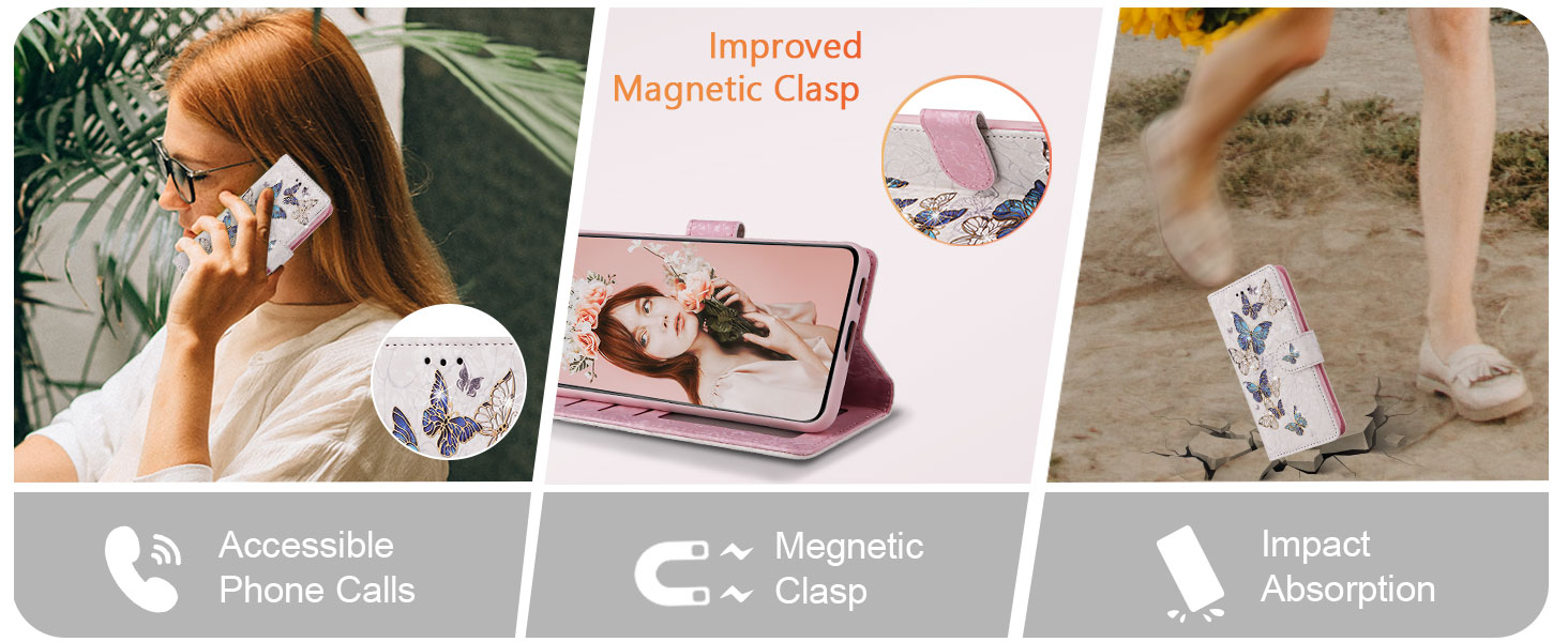 UEEBAI Wallet Case for Samsung Galaxy A15 4G/5G, PU Leather Phone Case Kickstand RFID Blocking Flip Case Card Slots Wrist Strap Relief Engraved Pattern Magnetic Closure Folio Case - Blue Butterfly 12 More than being a Protective Phone Case