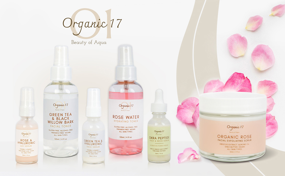 O1Organic17 Collection: organic rose water toner, scrub, and serum