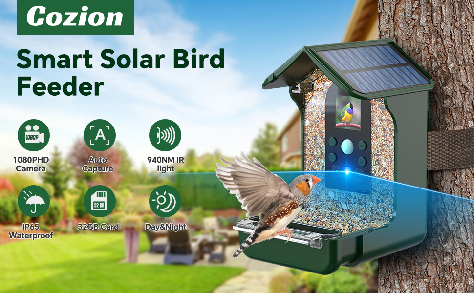 Cozion Mangeoire à Oiseaux avec Caméra, Mangeoire à Oiseaux 1080P avec Capteur Solaire
