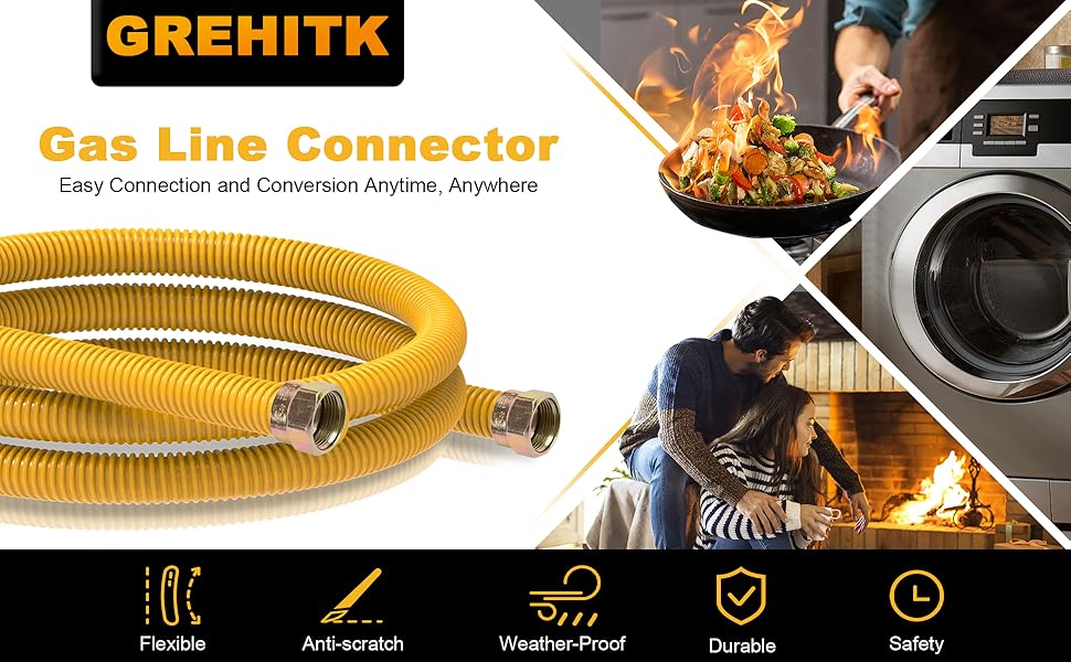 Grehitk Flexible Gas Line Connector for Dryer(1/2 72inch), Gas Hose - 8 Foot Flexible Gas Line For Dryer