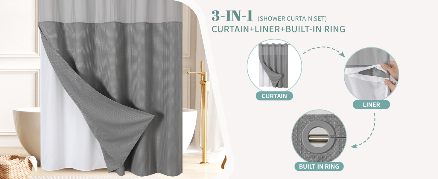 no hook shower curtain and liner set