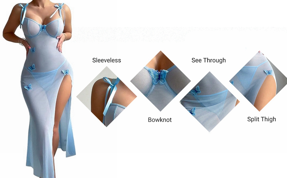 2 Piece Lingerie Set Bow Front Mesh Split Underwire Babydoll Lingerie Dress with Thong