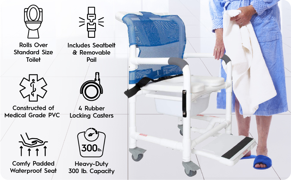 Deluxe Rolling Shower Chair with Drop Arms, Padded Seat