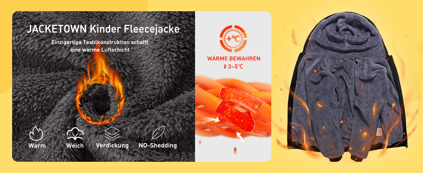 Jackettown Fleecejacke für Kinder Zu den Merkmalen gehören Wärme, Windschutz und kein Fellverlust. Es wird eine Nenntemperatur von -15 °C angezeigt
