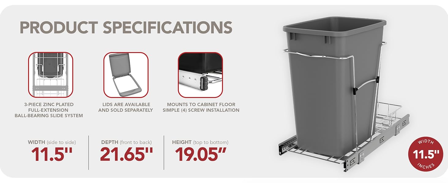 A close-up of a waste can with specifications. Text Reads: Product Specifications.