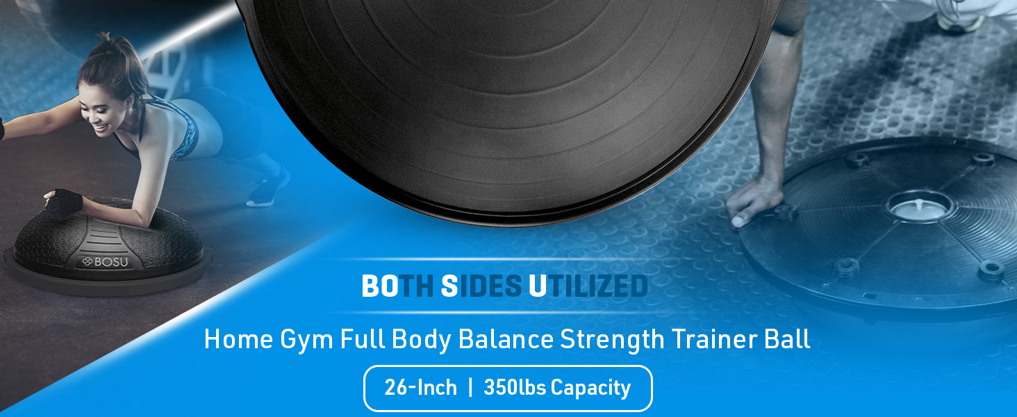 Close up photo of Bosu Balance trainer ball with people doing workouts different in the background