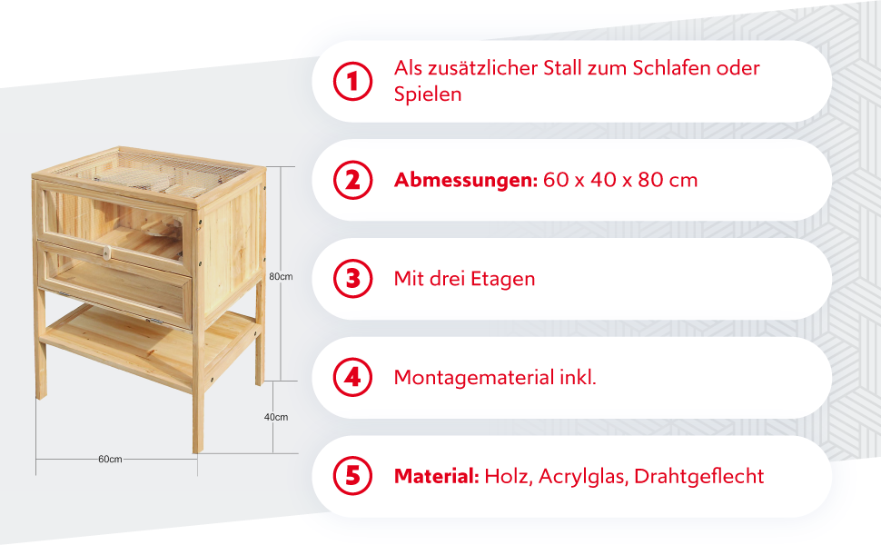 Wiltec Hamsterkäfig aus Holz, Kleintierkäfig, klappbarer Deckel, Mäusekäfig, Nagetierkabel, Hamsterkäfig, Stall
