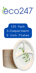 9 Inch 3-Compartment Sugarcane Bagasse Plates, 125 count