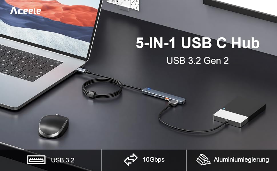 Aceele USB 3.2 Gen 2 hub with 2 USBA ports and 2 USBC ports, USB 3.2