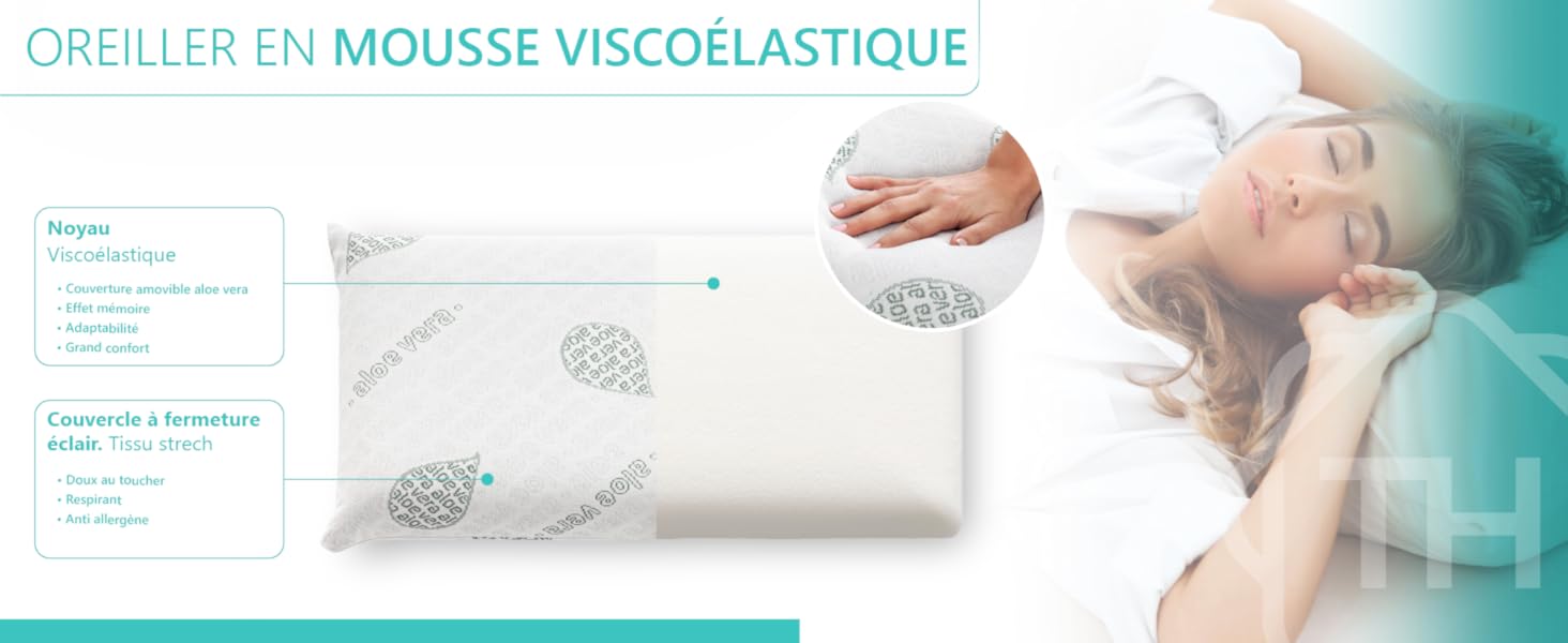 avec spécifications techniques et schéma montrant la structure de l'oreiller et ses caractéristiques de confort.