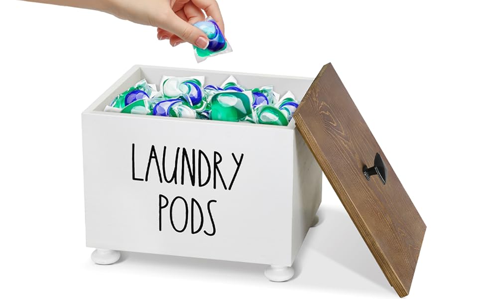 Rustic Wood Laundry Pods Holder Container with Lid for