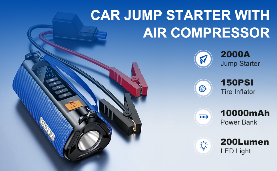 Beny Jump Starter with Air Compressor, 2000A Car Battery
