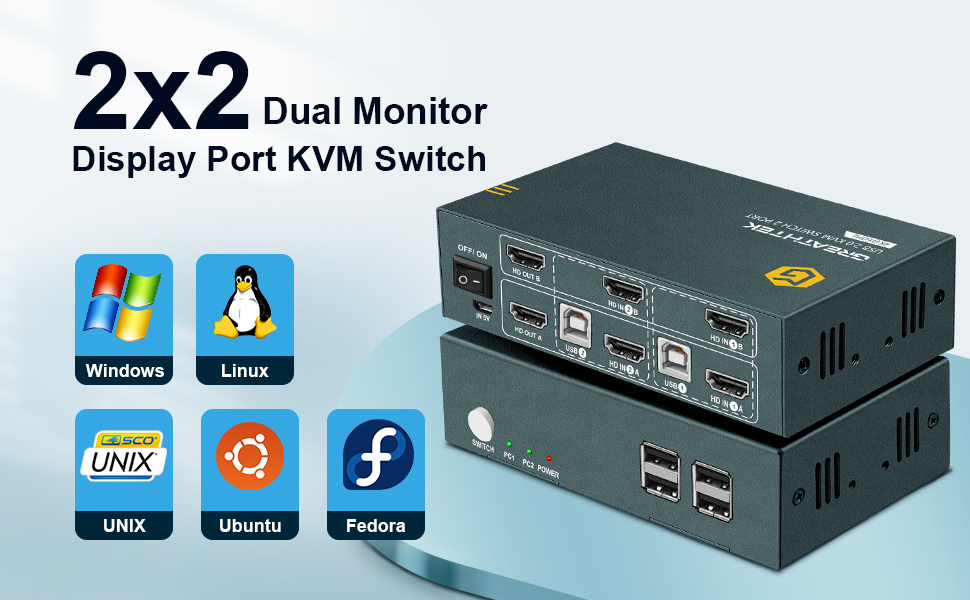 GREATHTEK HDMI KVM Switch Dual Monitor, 4K60Hz (YUV 444) with 4 USB