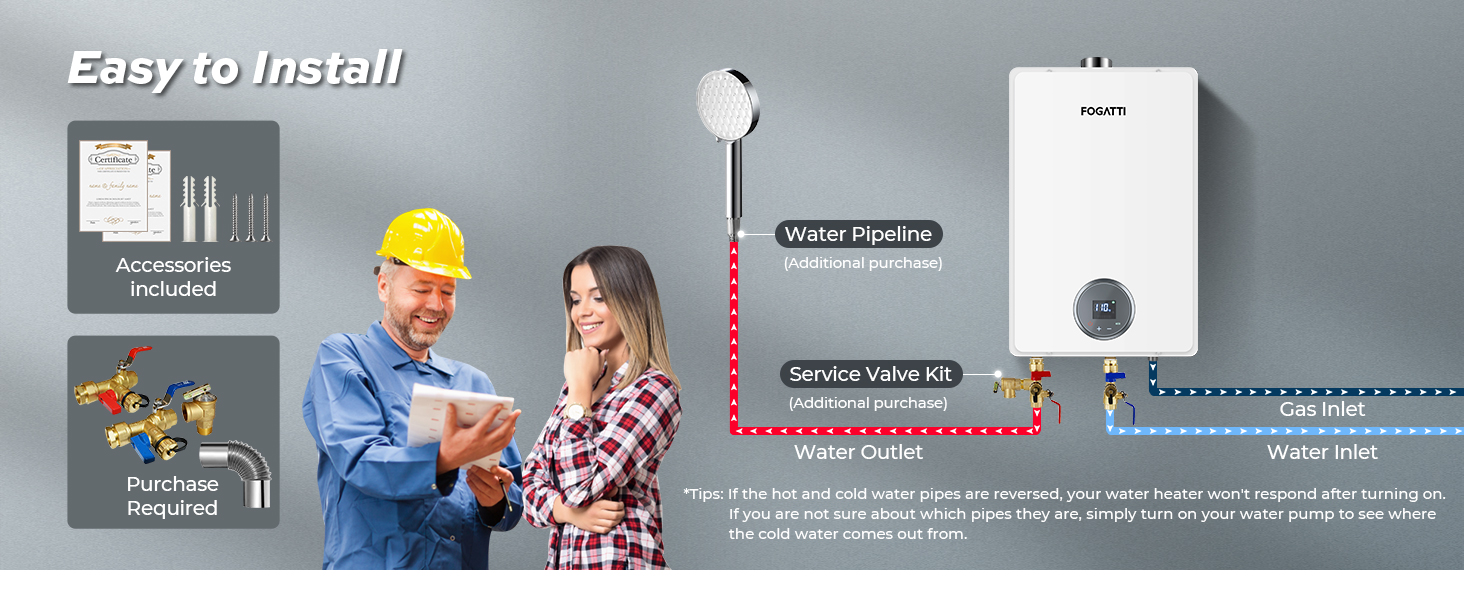 Natural Gas Tankless Water Heater, FOGATTI Indoor 7.5 GPM, 170,000 BTU Black Instant Hot Water