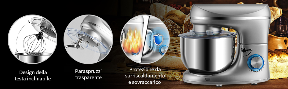 RELAX4LIFE Robot Da Cucina Con 10 Velocità, 1300 W, Impastatrice E Planetaria Multifunzionale, Basso Rumore, Testa Inclinata Regolabile, Per Pane, Dolci E Pizza (nero) 16 1