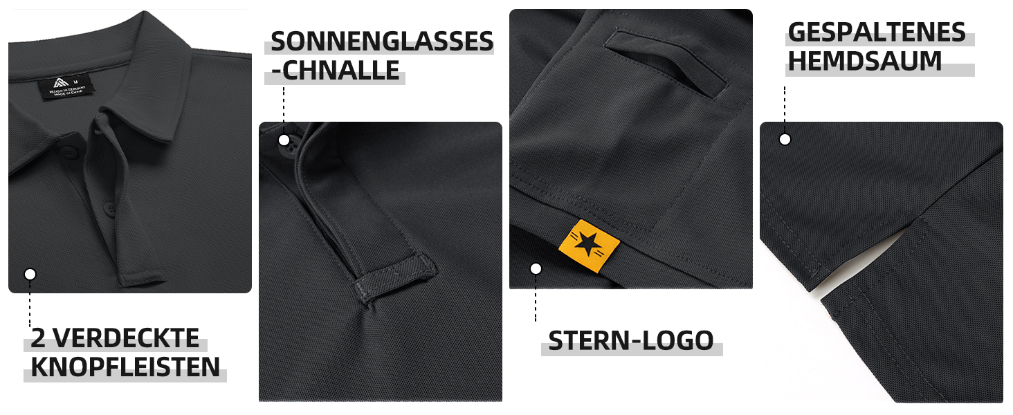 Der Text lautet: „SONNENBRILLE -NORMAL“, „2-VERDECKTE REISSVERSCHLÜSSE“, „STERN-LOGO“, „GESTALTENES HEMDKRAGEN“. Schwarze Kleidungsdetails mit verschiedenen Merkmalen.
