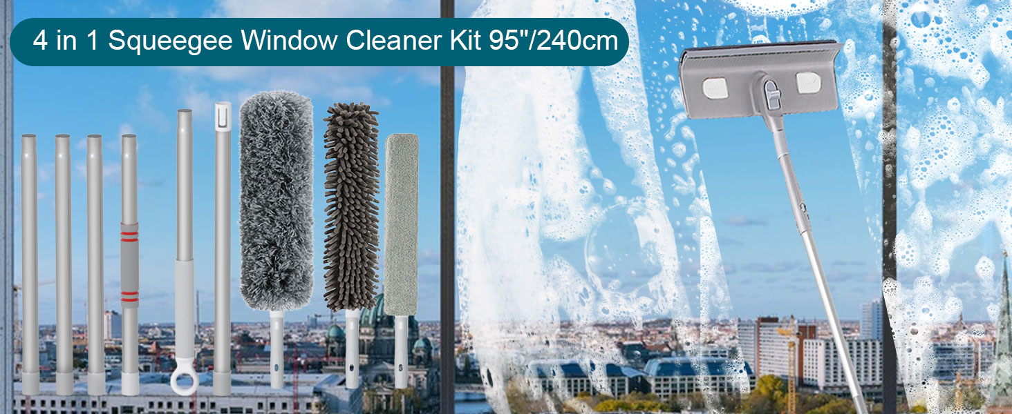 Window Cleaning Equipment, 4 in 1 Window Cleaning Kit with 95" Telescopic Window Cleaner Pole