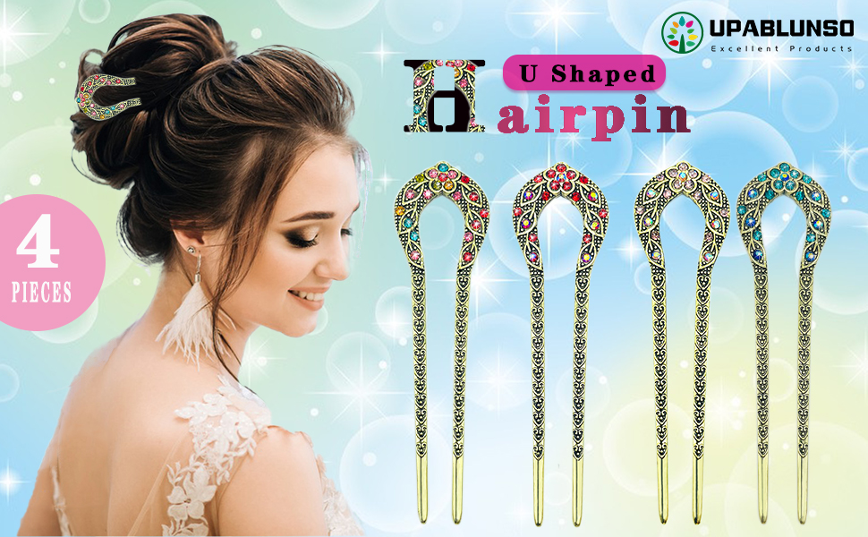4 Pieces French Hair Pins , Metal U Shaped Hairpins, Vintage Double Prong Hair Forks Stick